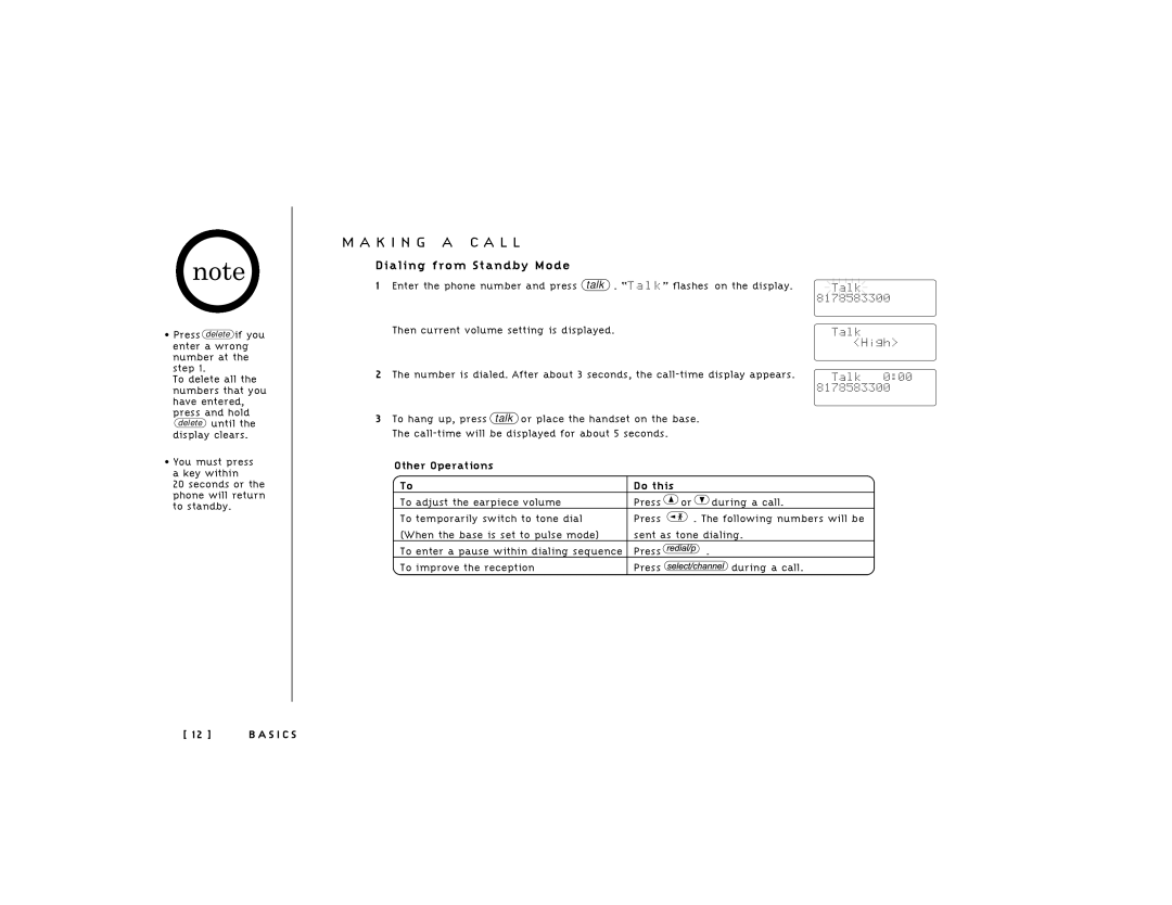 Uniden 248 owner manual K I N G a C a L L, Dialing from Standby Mode, Other Operations Do this 