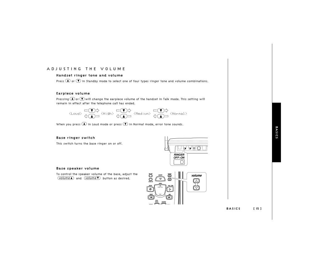 Uniden 248 J U S T I N G T H E V O L U M E, Handset ringer tone and volume, Earpiece volume, Base ringer switch 