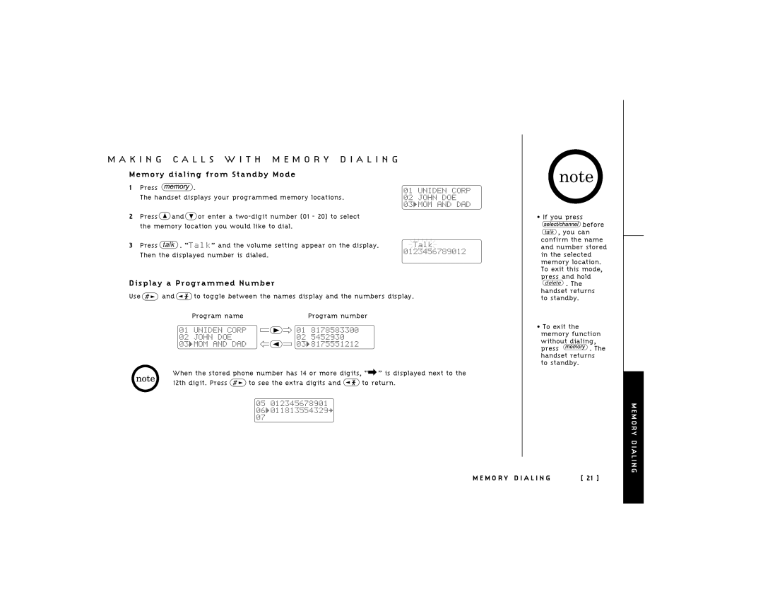 Uniden 248 owner manual Memory dialing from Standby Mode, Display a Programmed Number 