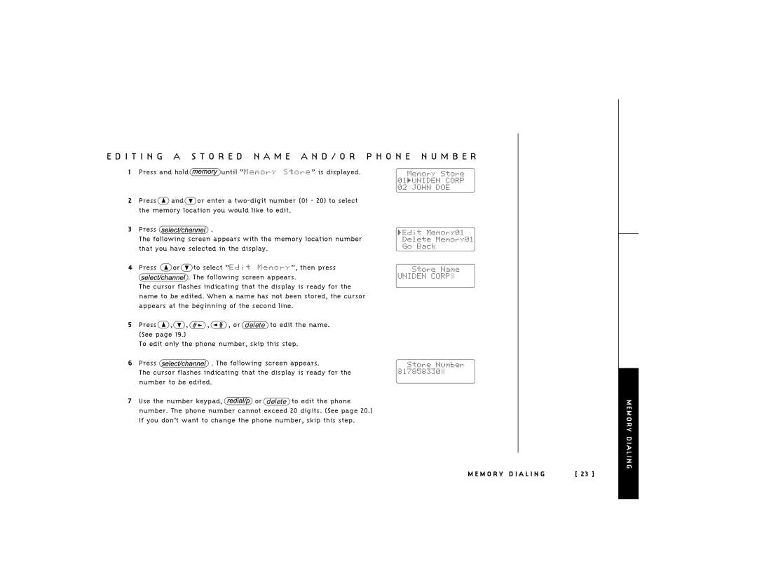 Uniden 248 owner manual Press and hold Until Memory Store is displayed 