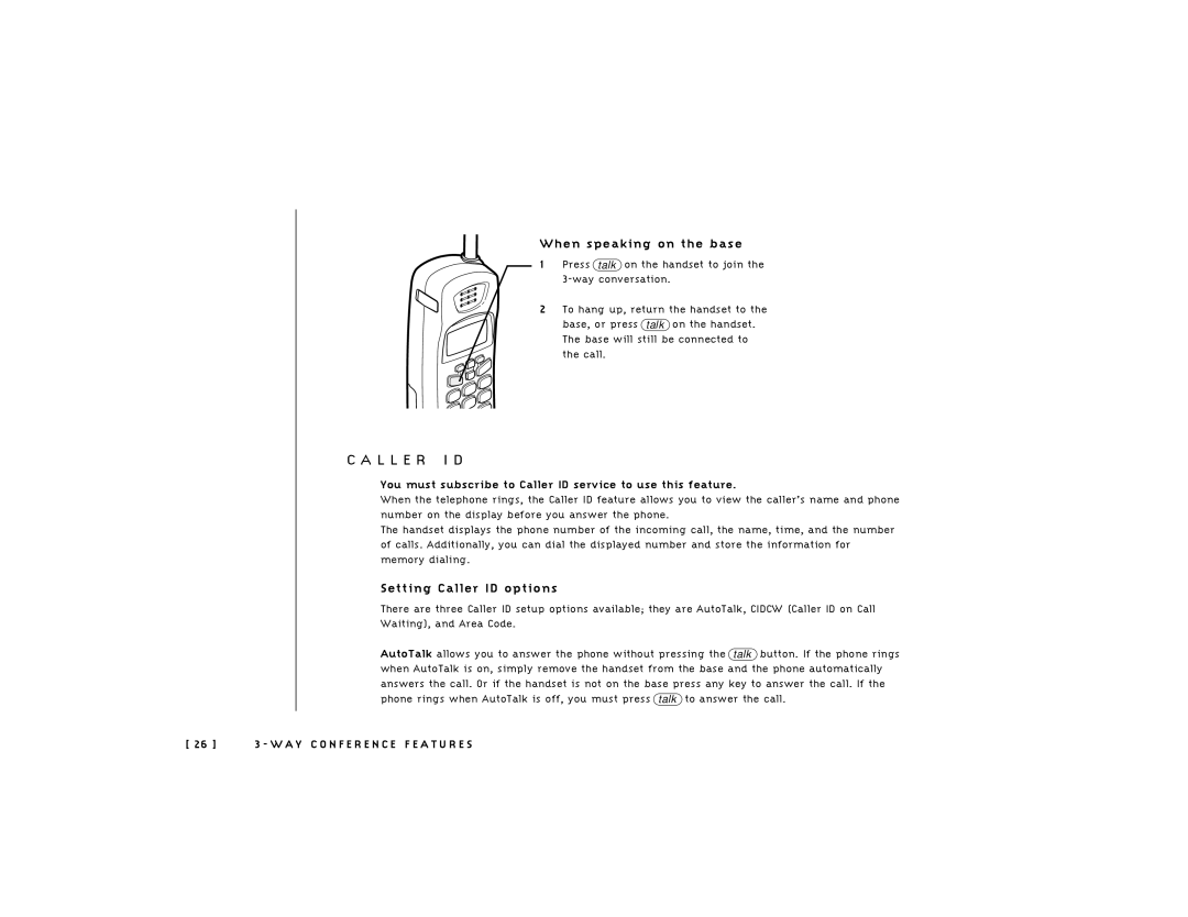 Uniden 248 owner manual L L E R I D, When speaking on the base, Setting Caller ID options 