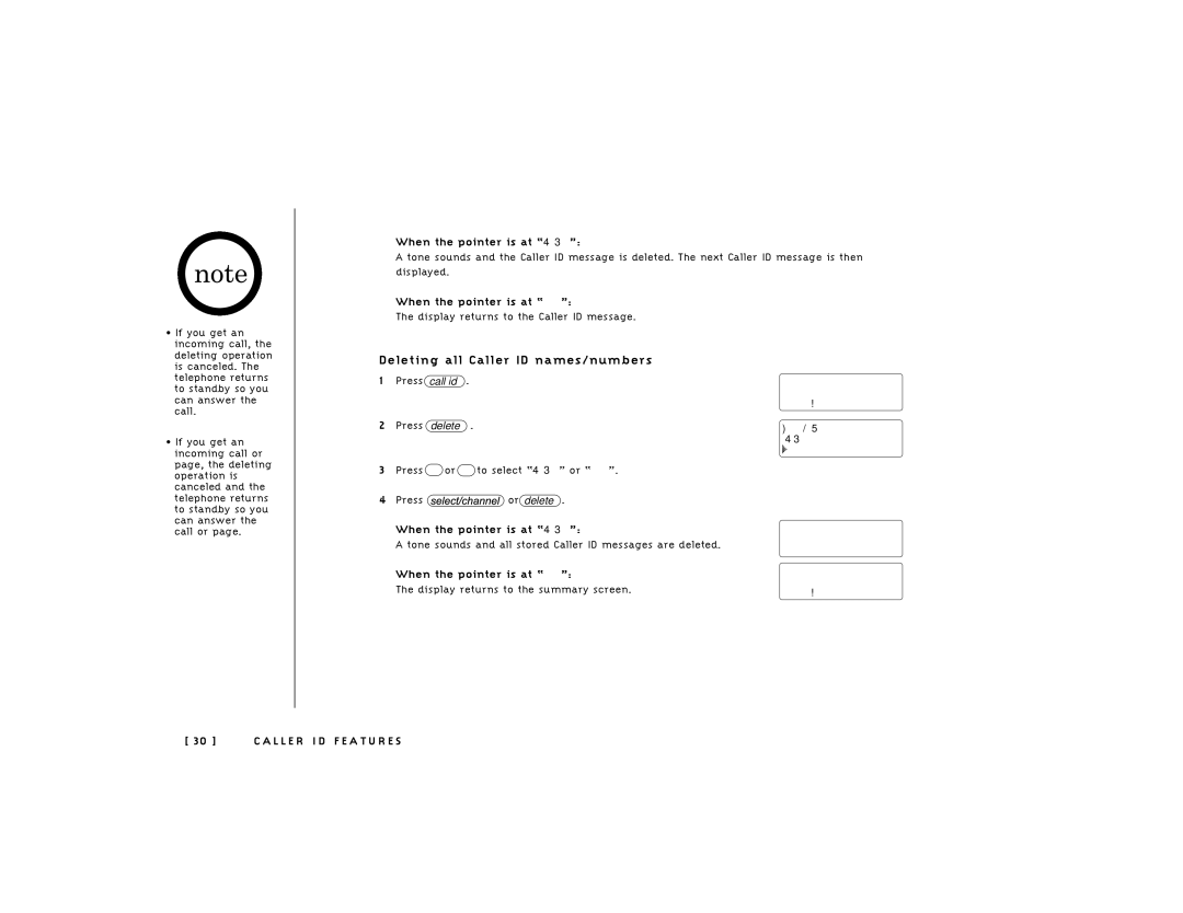 Uniden 248 owner manual Deleting all Caller ID names/numbers, When the pointer is at Yes, When the pointer is at No 