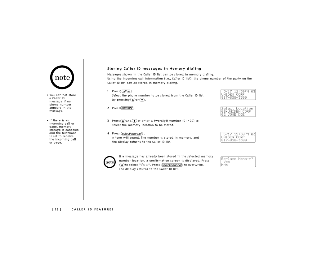 Uniden 248 owner manual Storing Caller ID messages in Memory dialing 