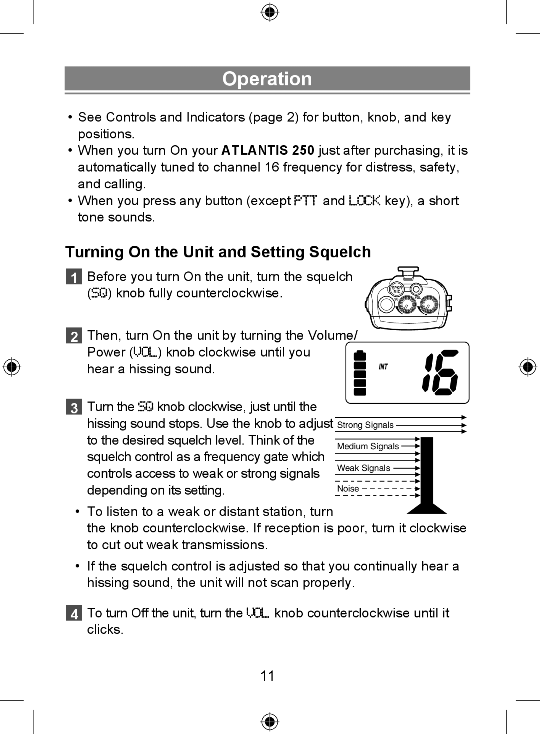 Uniden 250 owner manual Operation, Turning On the Unit and Setting Squelch 