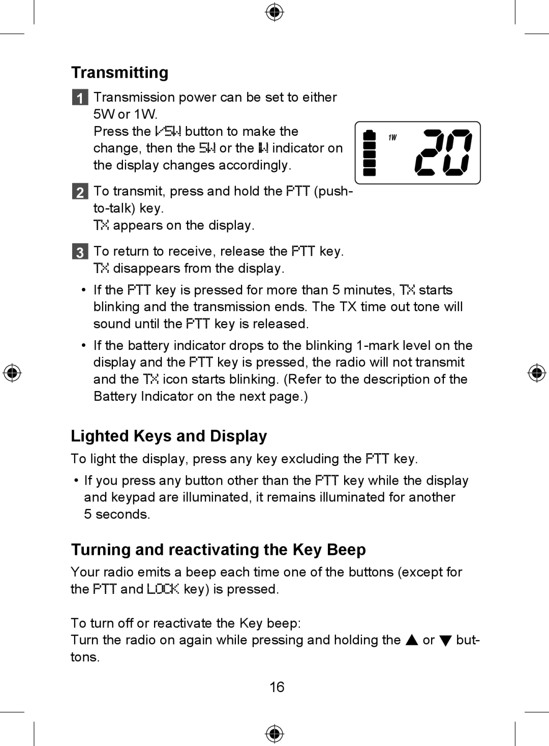 Uniden 250 owner manual Transmitting, Lighted Keys and Display, Turning and reactivating the Key Beep 