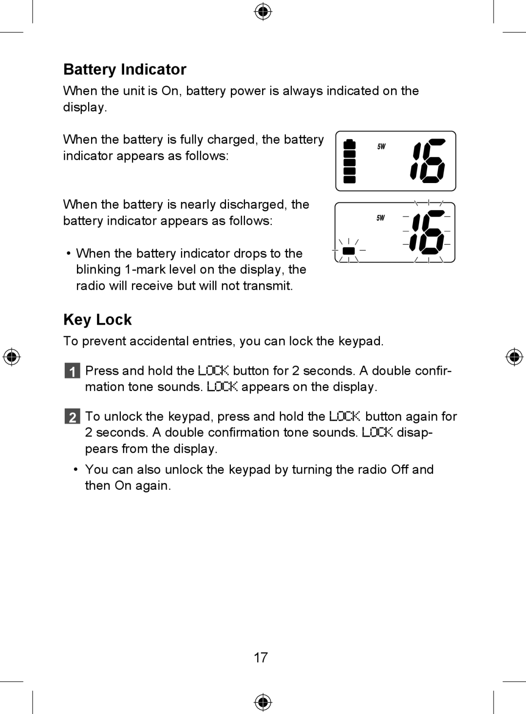 Uniden 250 owner manual Battery Indicator, Key Lock 