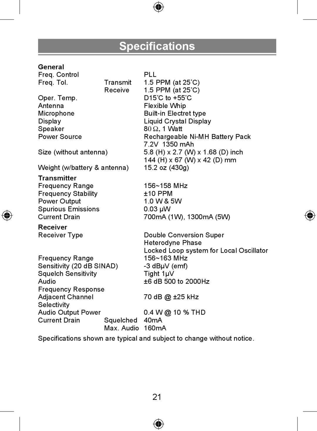 Uniden 250 owner manual Specifications, General 