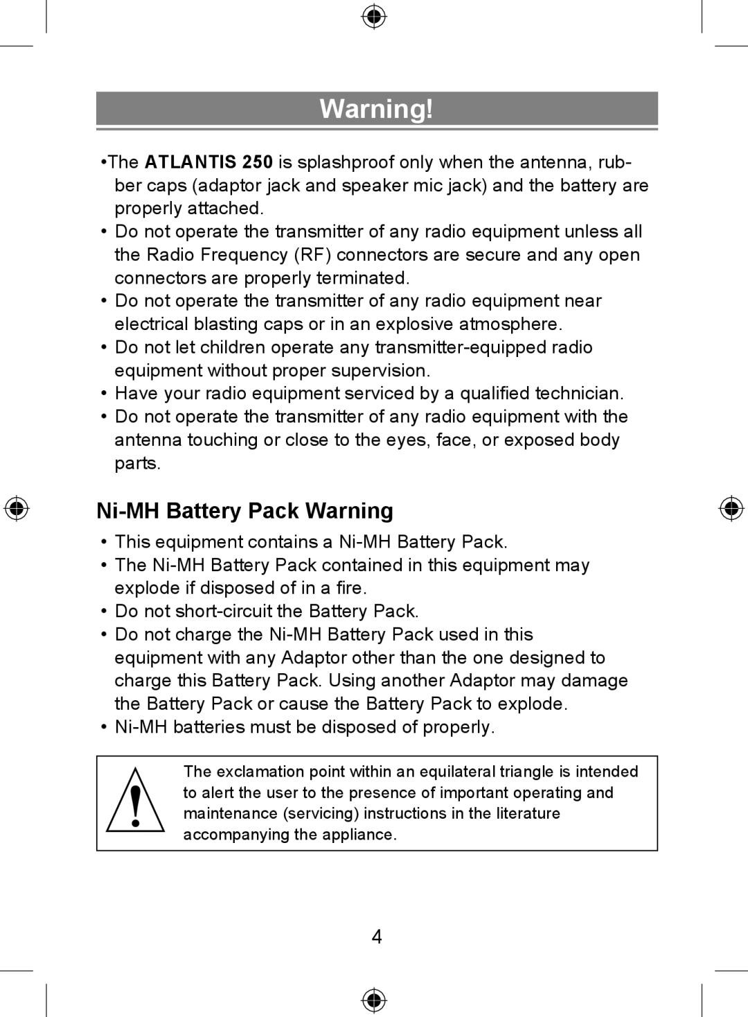 Uniden 250 owner manual Ni-MH Battery Pack Warning 