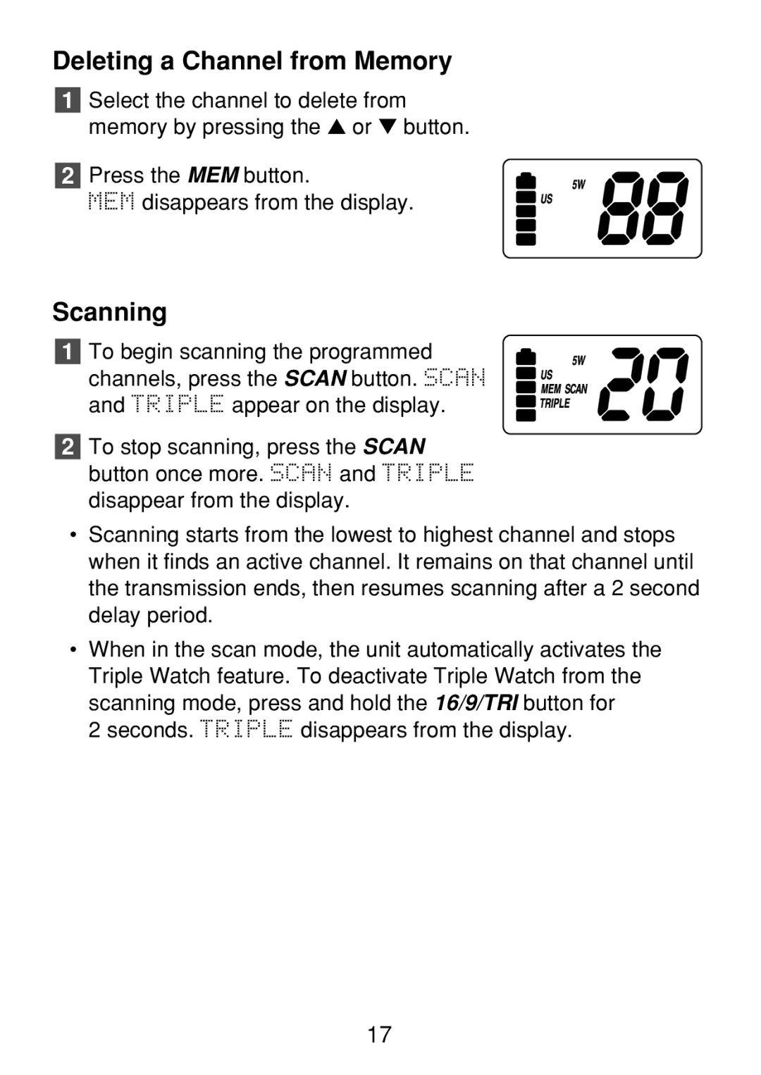 Uniden 250 manual Deleting a Channel from Memory, Scanning 