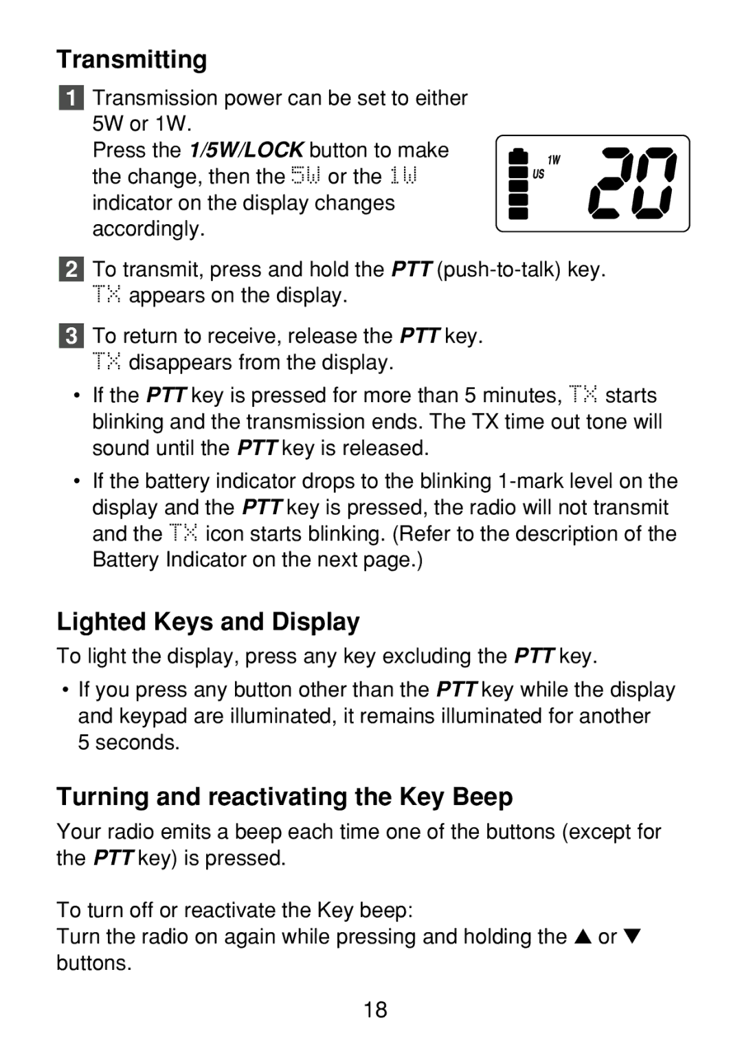 Uniden 250 manual Transmitting, Lighted Keys and Display, Turning and reactivating the Key Beep 