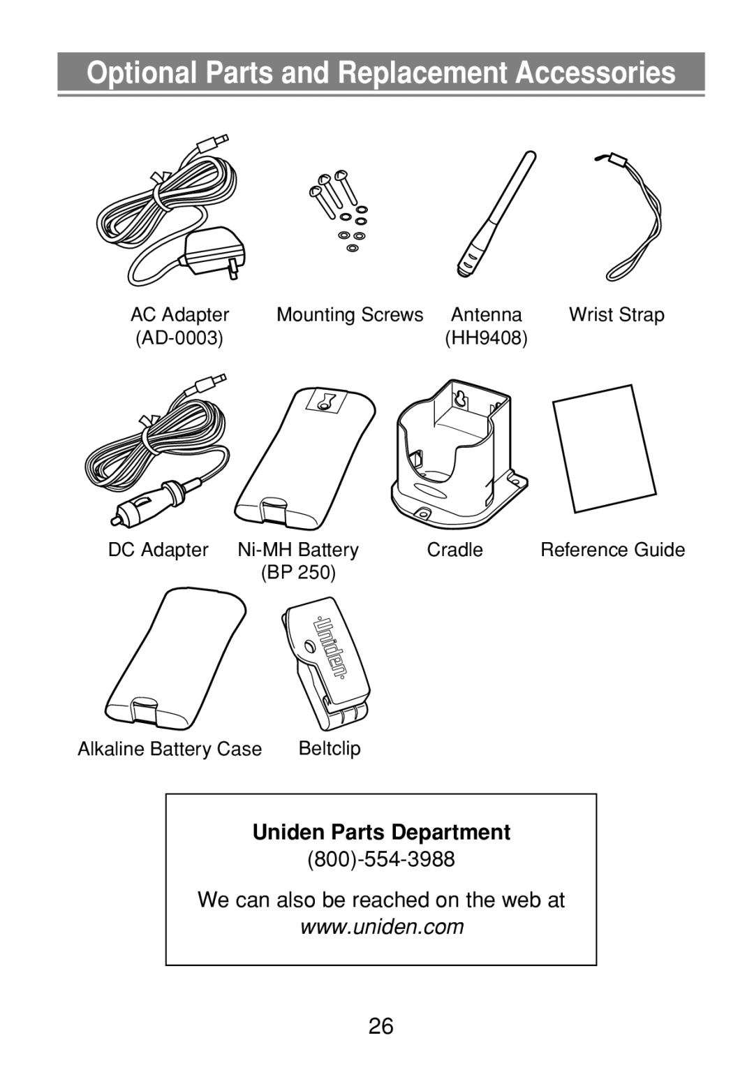 Uniden 250 manual Optional Parts and Replacement Accessories 