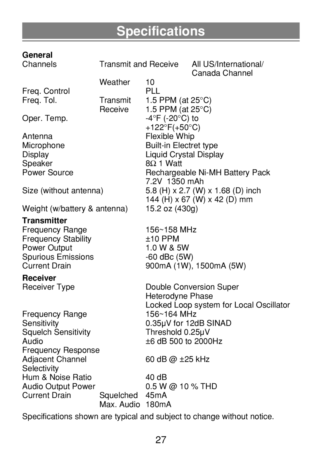 Uniden 250 manual Specifications, General 