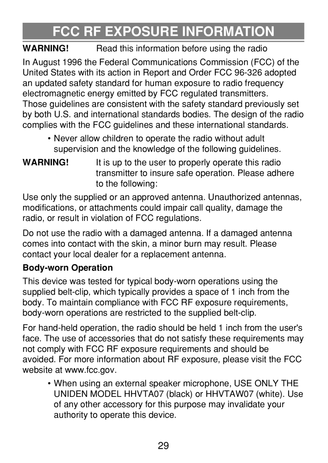 Uniden 250 manual FCC RF Exposure Information 