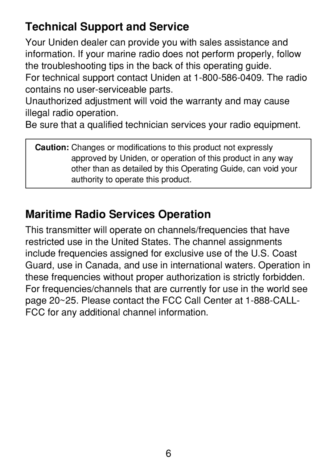 Uniden 250 manual Technical Support and Service, Maritime Radio Services Operation 