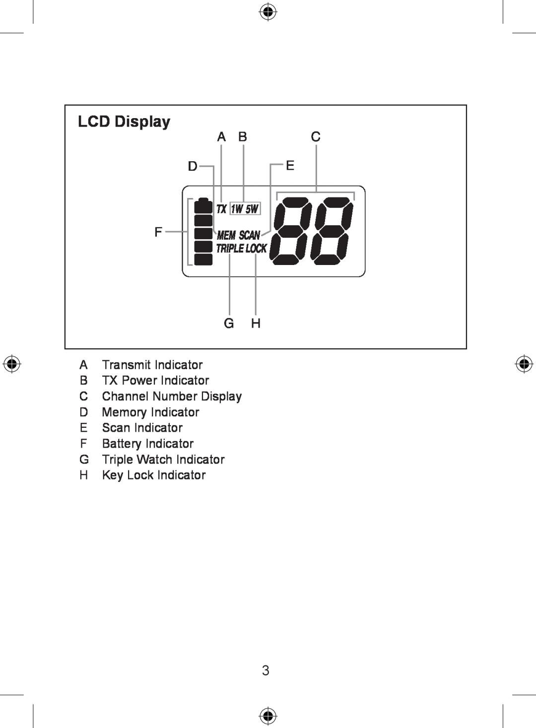 Uniden 250 LCD Display, A Bc De F G H, ATransmit Indicator BTX Power Indicator, CChannel Number Display DMemory Indicator 