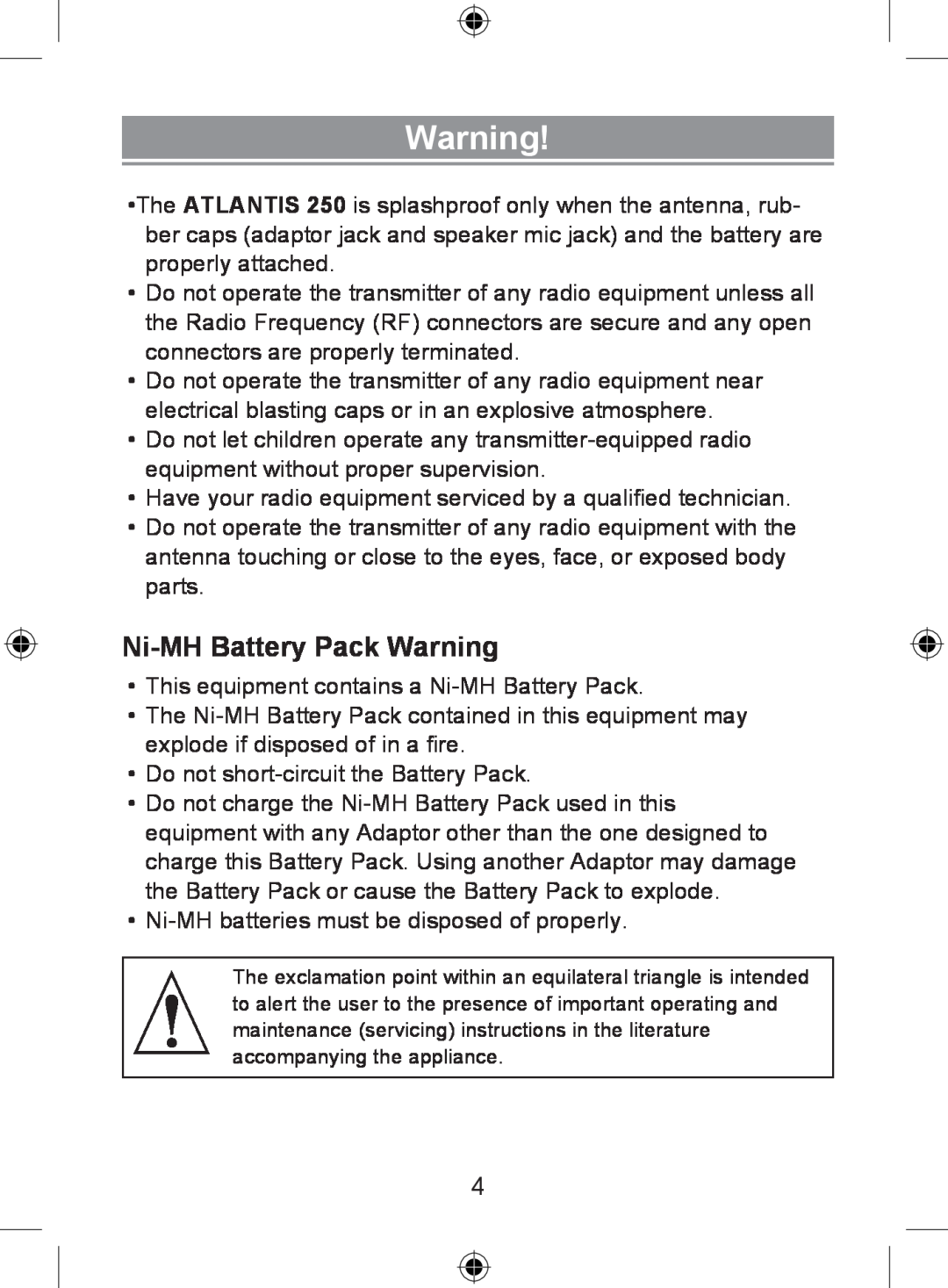 Uniden 250 owner manual Ni-MHBattery Pack Warning 