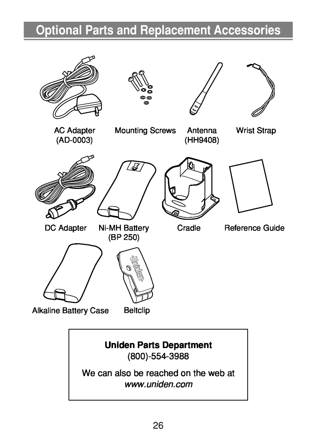 Uniden 250 manual Optional Parts and Replacement Accessories, Uniden Parts Department 