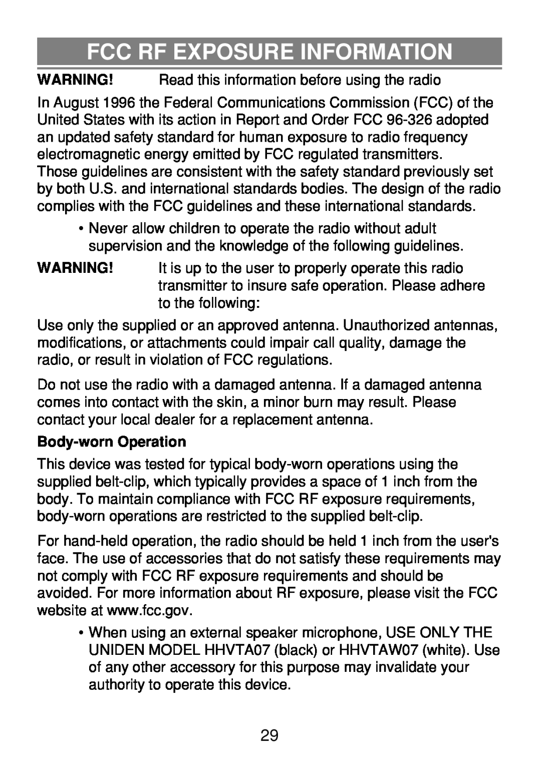 Uniden 250 manual Fcc Rf Exposure Information, Body-wornOperation 