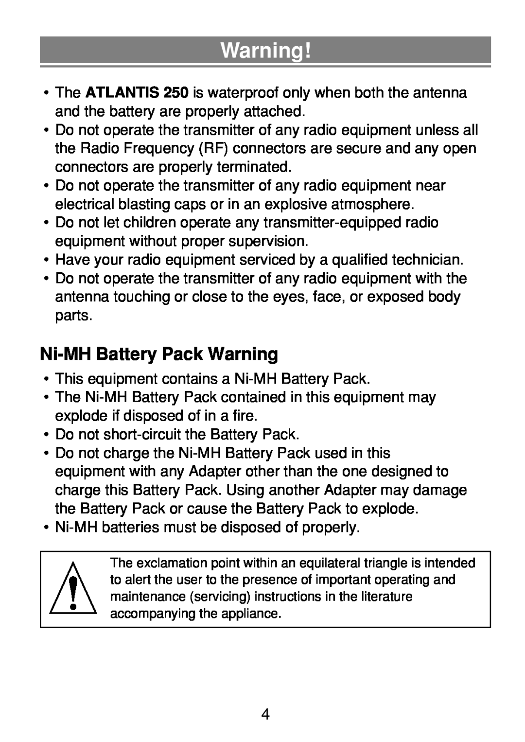 Uniden 250 manual Ni-MHBattery Pack Warning 