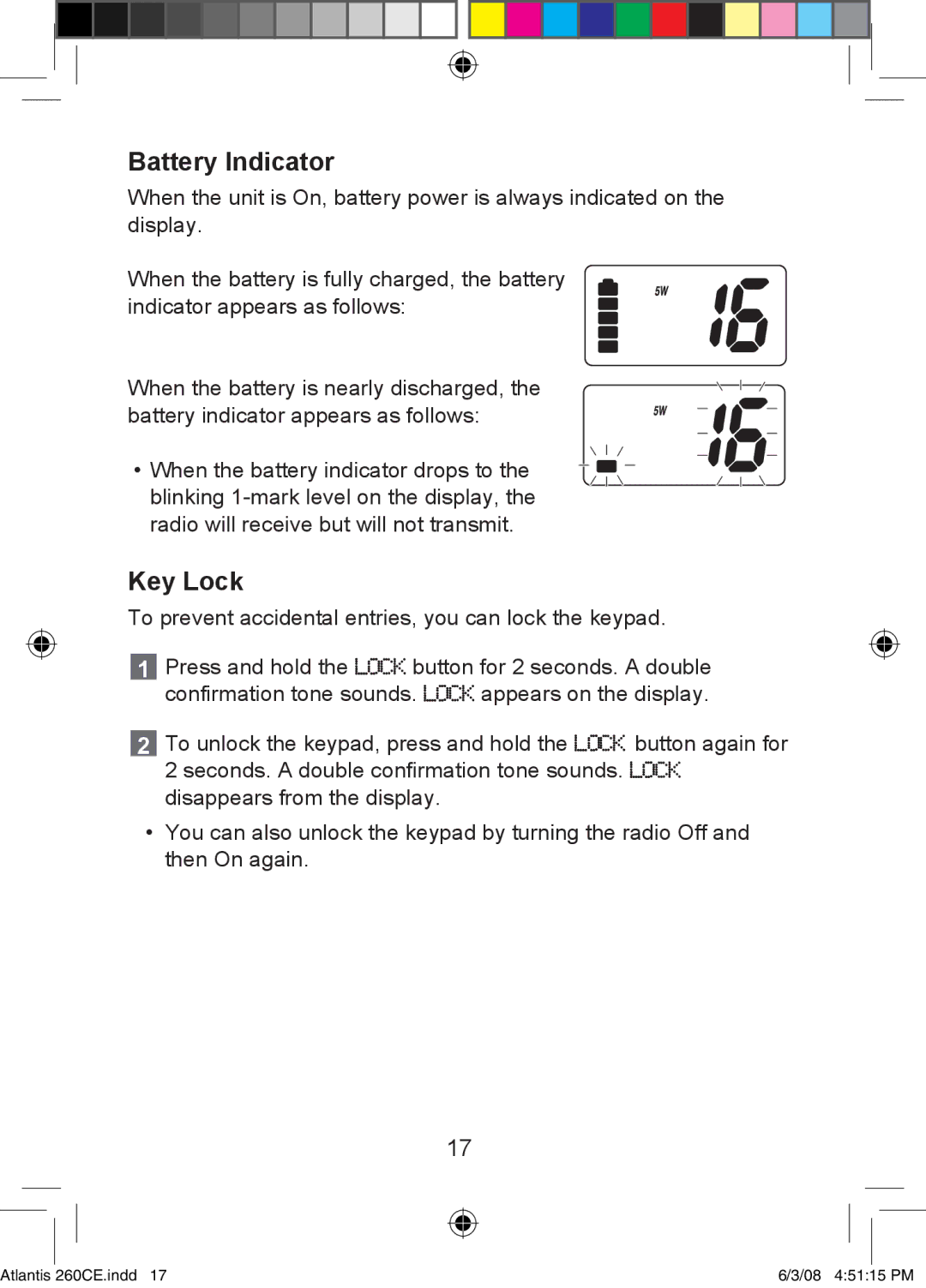 Uniden 260 owner manual Battery Indicator, Key Lock 