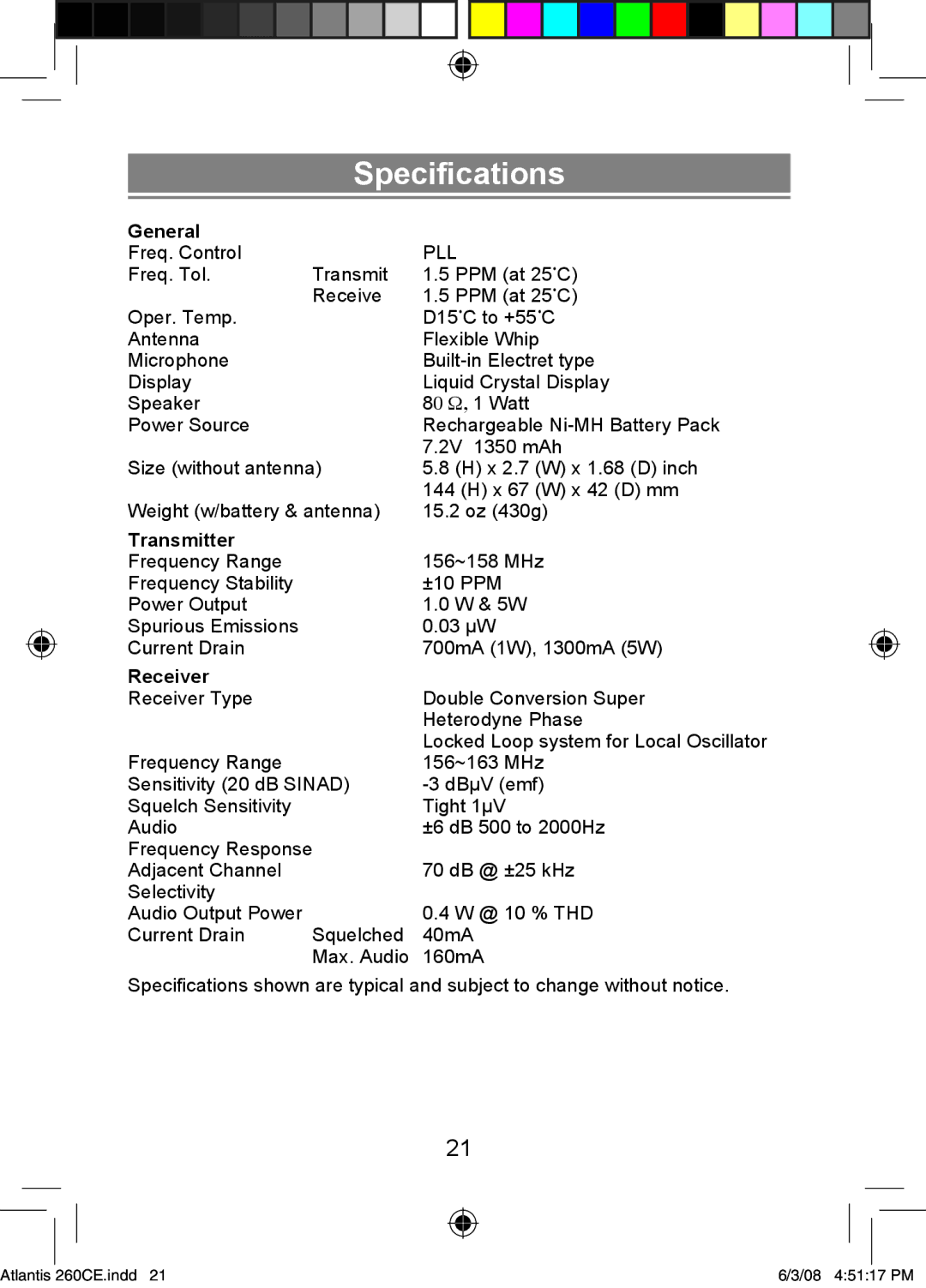 Uniden 260 owner manual Specifications, General 