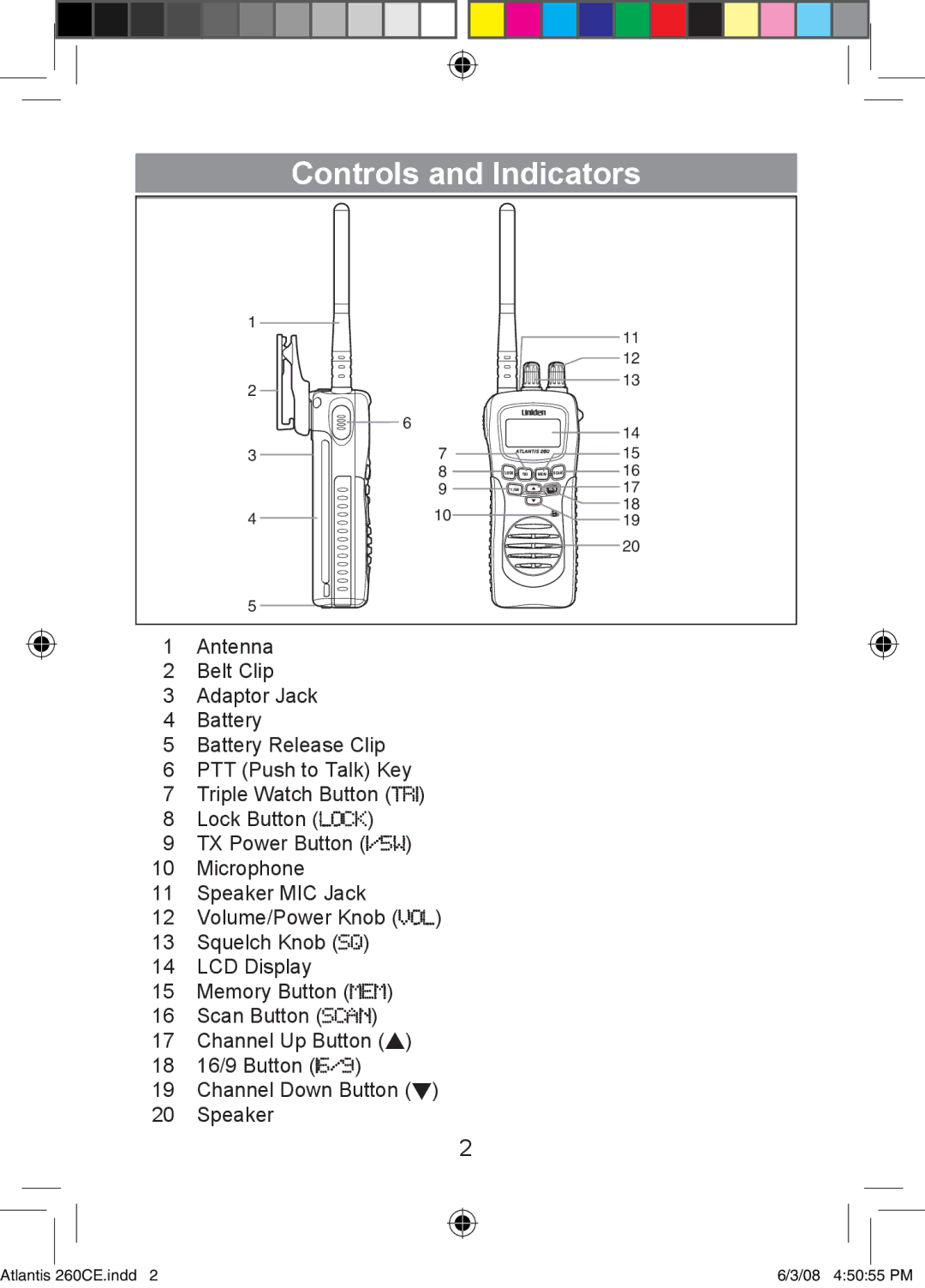 Uniden 260 owner manual Controls and Indicators 