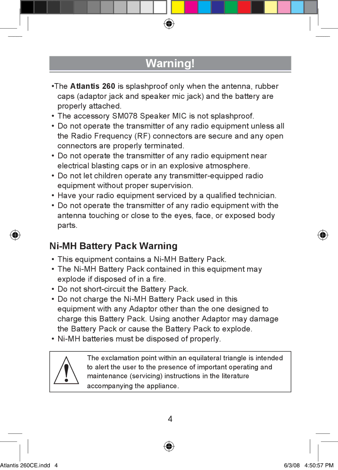 Uniden 260 owner manual Ni-MH Battery Pack Warning 