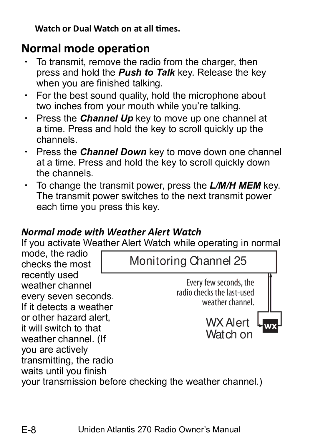 Uniden 270 owner manual Normal mode operation, Normal mode with Weather Alert Watch 