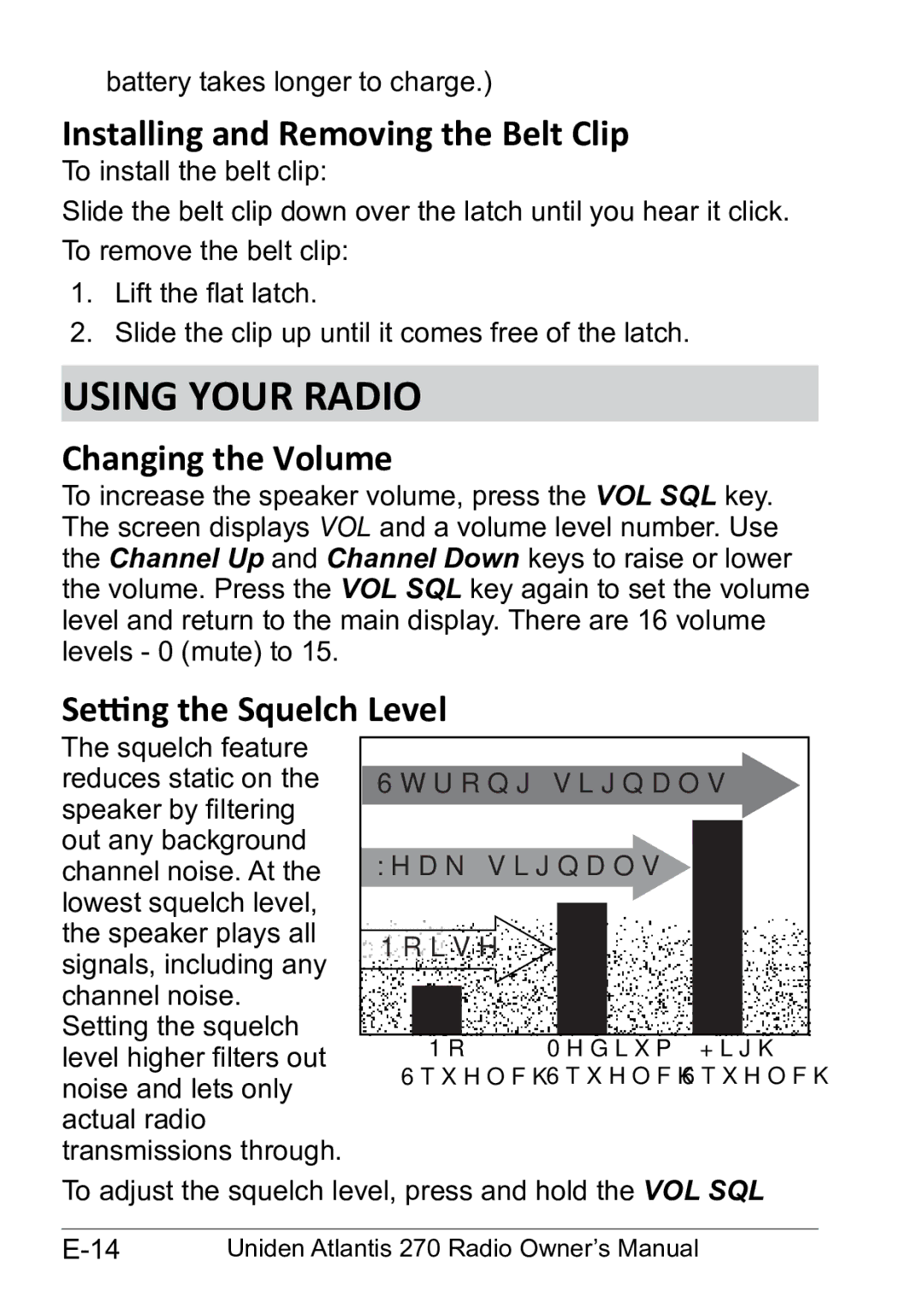 Uniden 270 Using Your Radio, Installing and Removing the Belt Clip, Changing the Volume, Setting the Squelch Level 