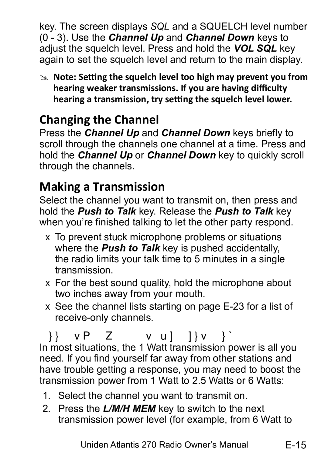 Uniden 270 owner manual Changing the Channel, Making a Transmission, Boosting the transmission power 