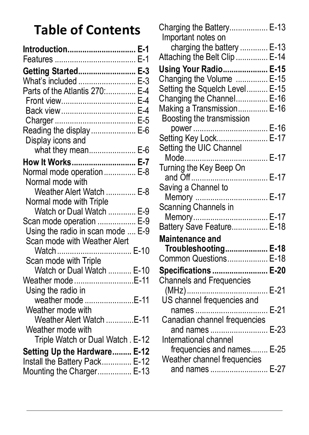 Uniden 270 owner manual Table of Contents 