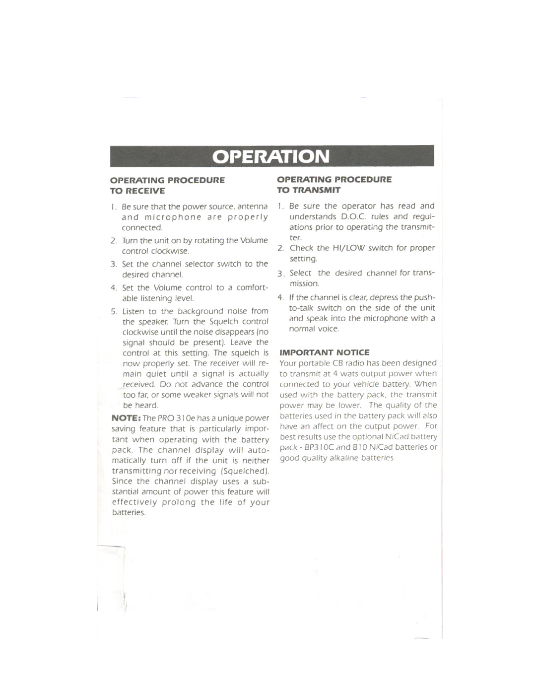 Uniden 310e manual Operation, Operating Procedure To Receive, Operating Procedure To Transmit, Important Notice 