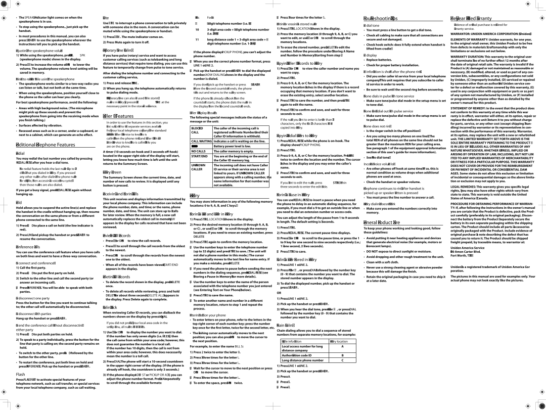 Uniden 3162 Series Additional Telephone Features, Caller ID Features, Memory, Troubleshooting Tips, General Product Care 