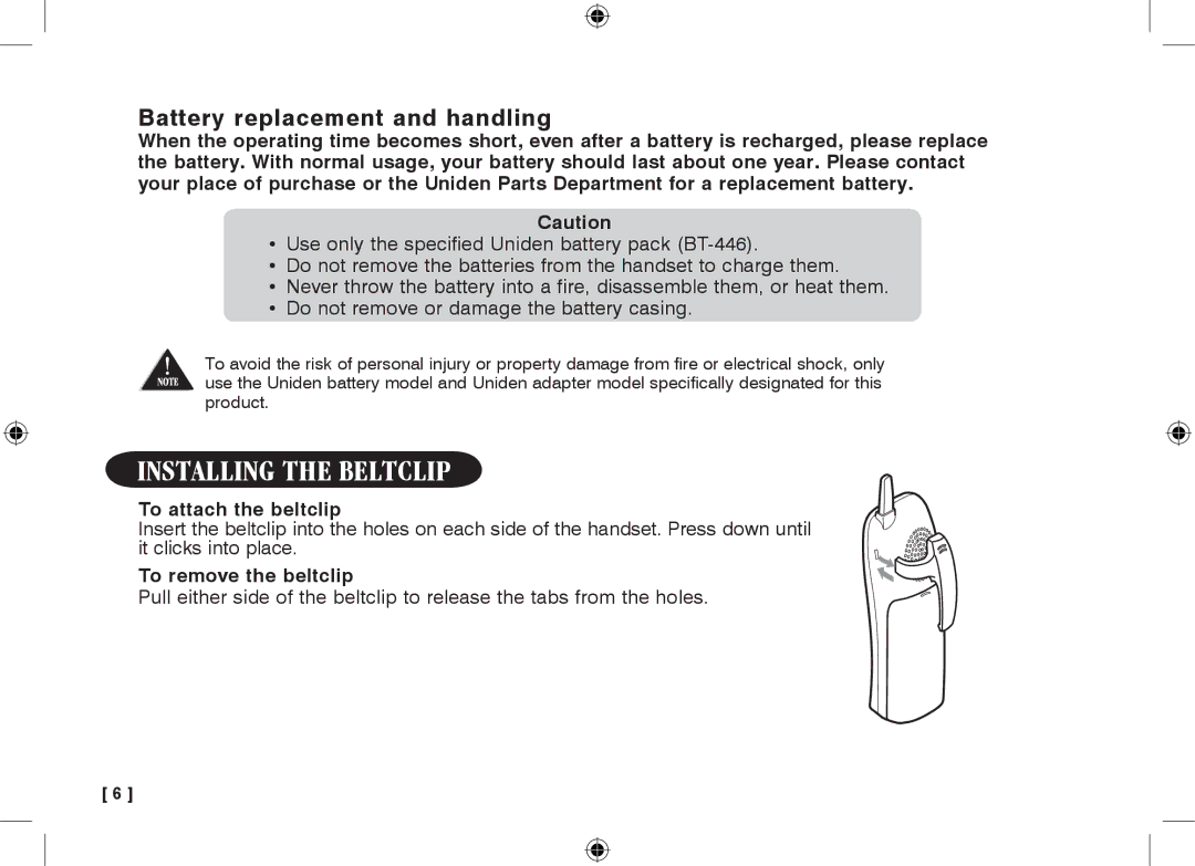 Uniden 3315+1 owner manual Installing the Beltclip, Battery replacement and handling 