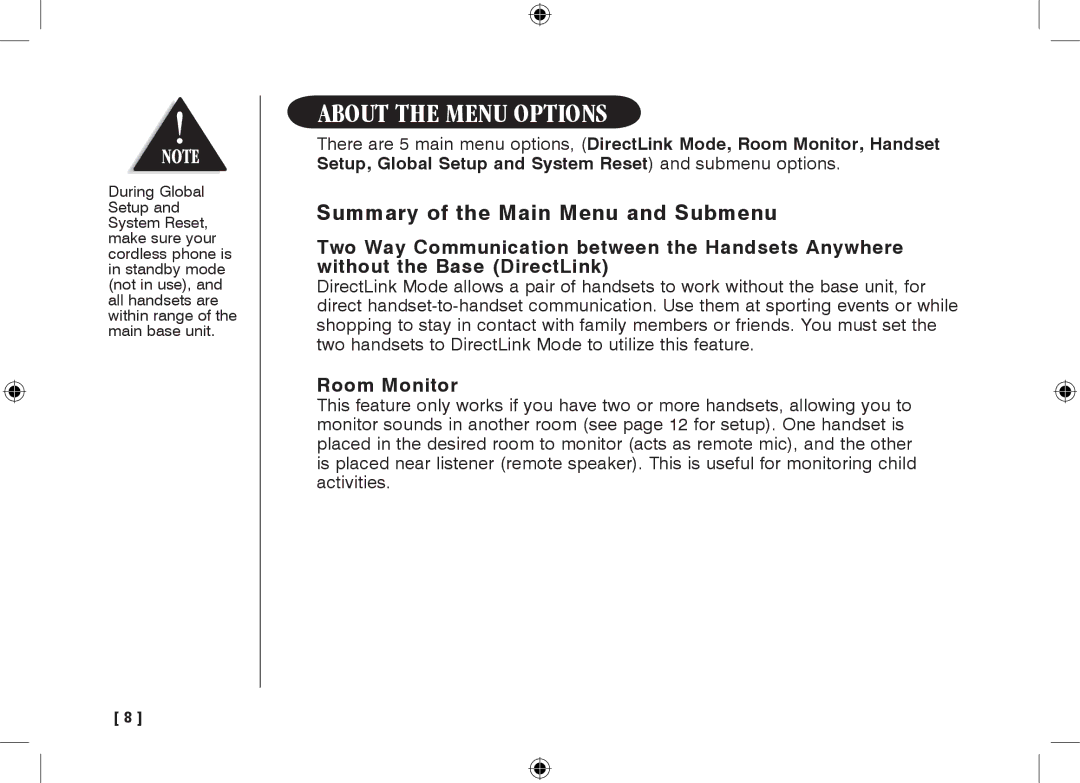 Uniden 3315+1 owner manual About the Menu options, Summary of the Main Menu and Submenu, Room Monitor 