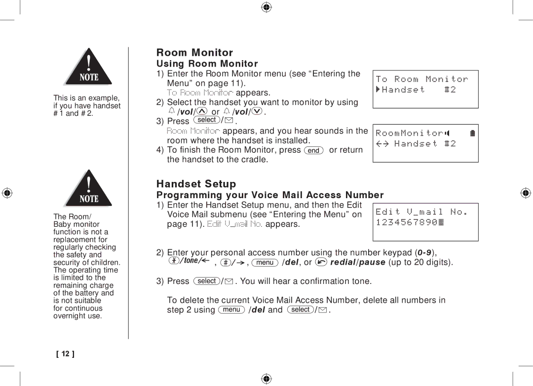 Uniden 3315+1 owner manual Handset Setup, Using Room Monitor, Programming your Voice Mail Access Number 