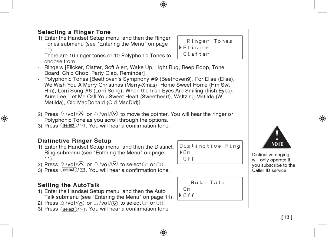 Uniden 3315+1 owner manual Selecting a Ringer Tone, Distinctive Ringer Setup, Setting the AutoTalk 