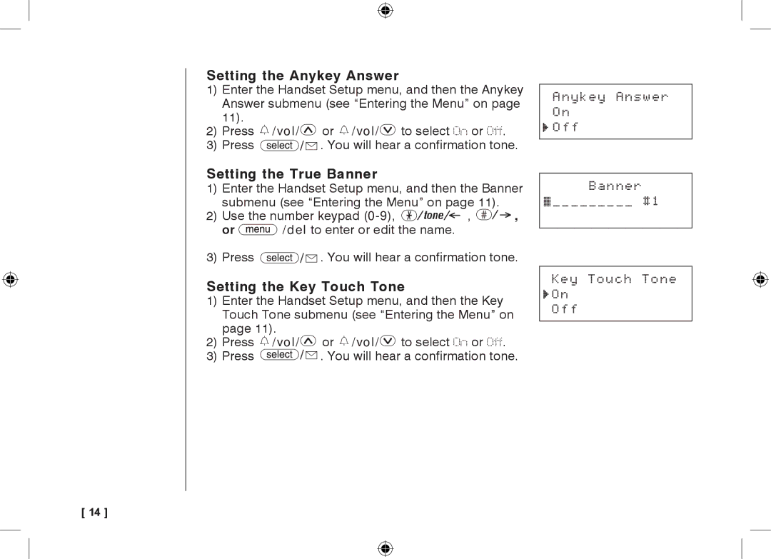 Uniden 3315+1 Setting the Anykey Answer, Anykey Answer Off, Setting the True Banner, Setting the Key Touch Tone 