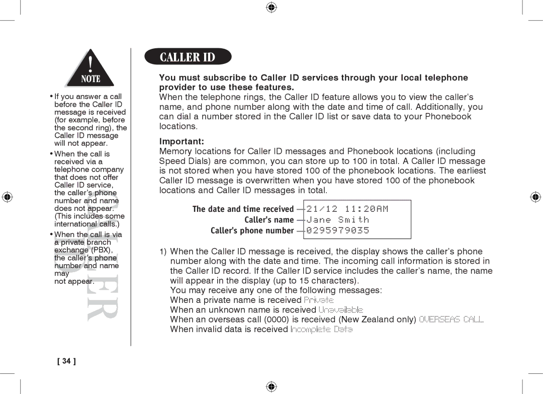 Uniden 3315+1 owner manual Caller ID, 21/12 1120AM, Jane Smith, 0295979035 