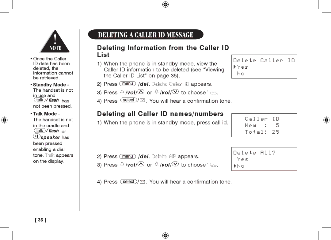 Uniden 3315+1 owner manual Deleting a Caller ID message, Deleting Information from the Caller ID List, Delete Caller ID Yes 