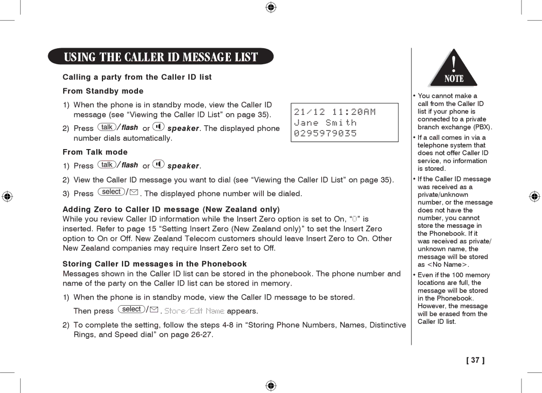 Uniden 3315+1 owner manual Using the Caller ID Message List, 21/12 1120AM Jane Smith 