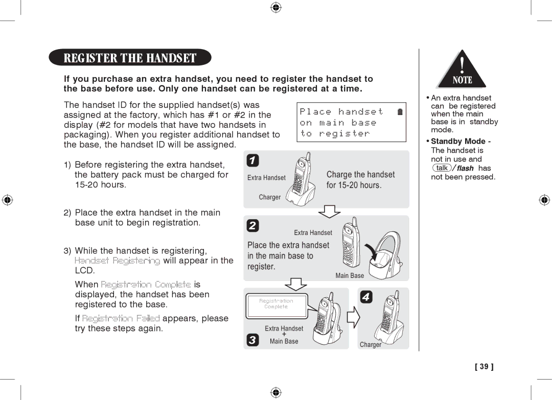 Uniden 3315+1 owner manual Register the Handset, Place handset on main base to register 