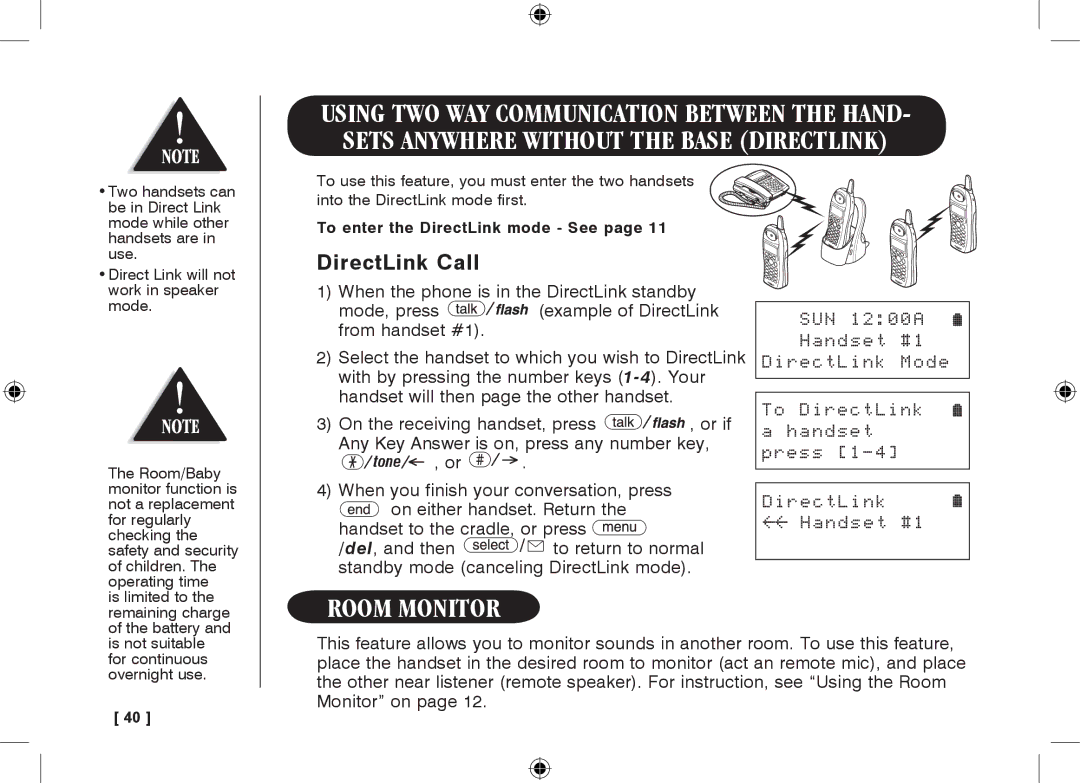 Uniden 3315+1 owner manual Room monitor, DirectLink Call, SUN 1200A Handset #1 DirectLink Mode To DirectLink Press 