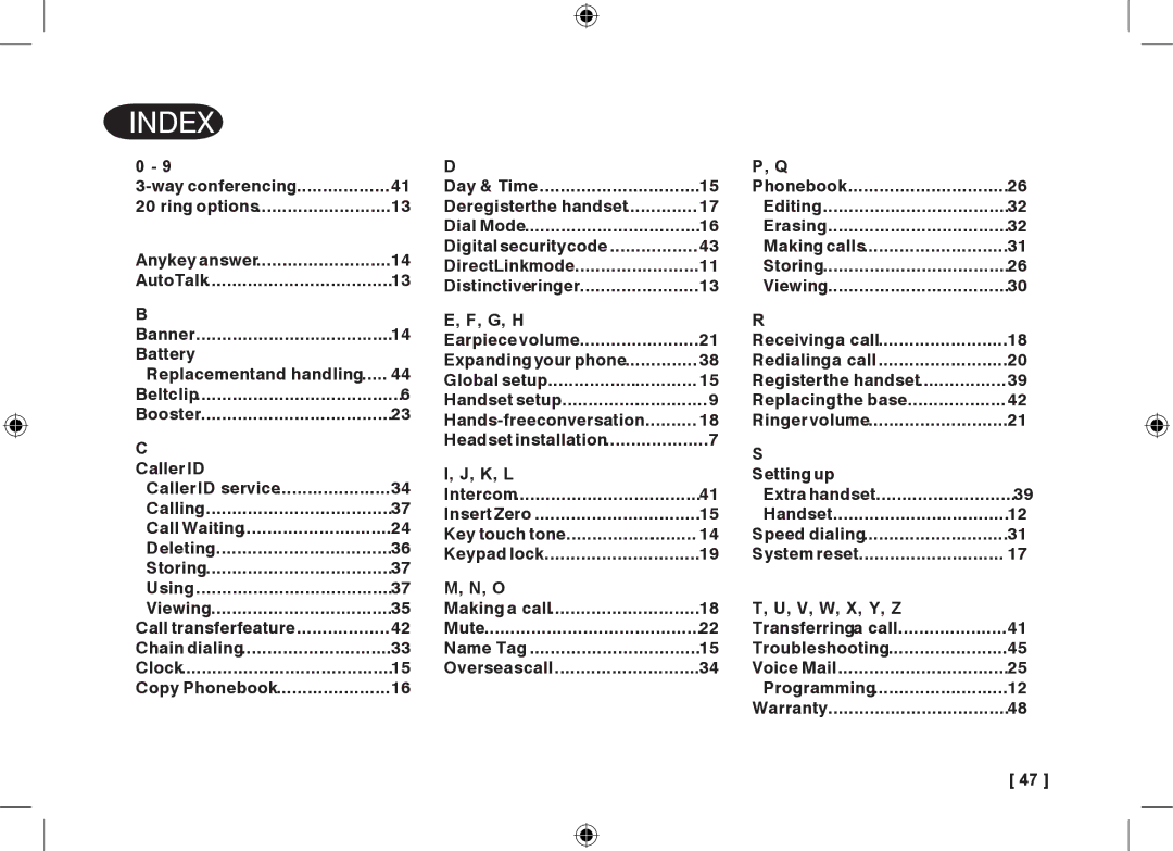 Uniden 3315+1 owner manual Index­, G, H, K, L, V, W, X, Y, Z 