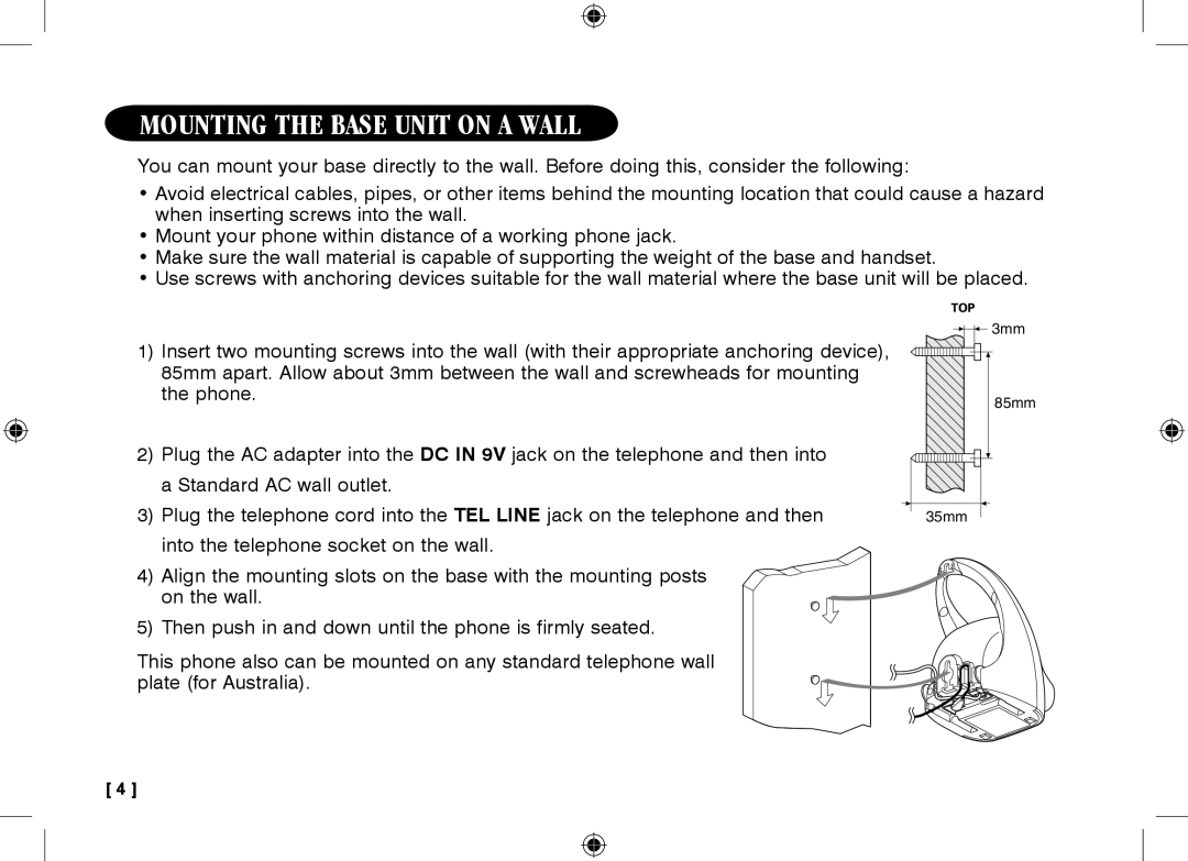 Uniden 3315+1 owner manual Mounting the base unit on a wall 