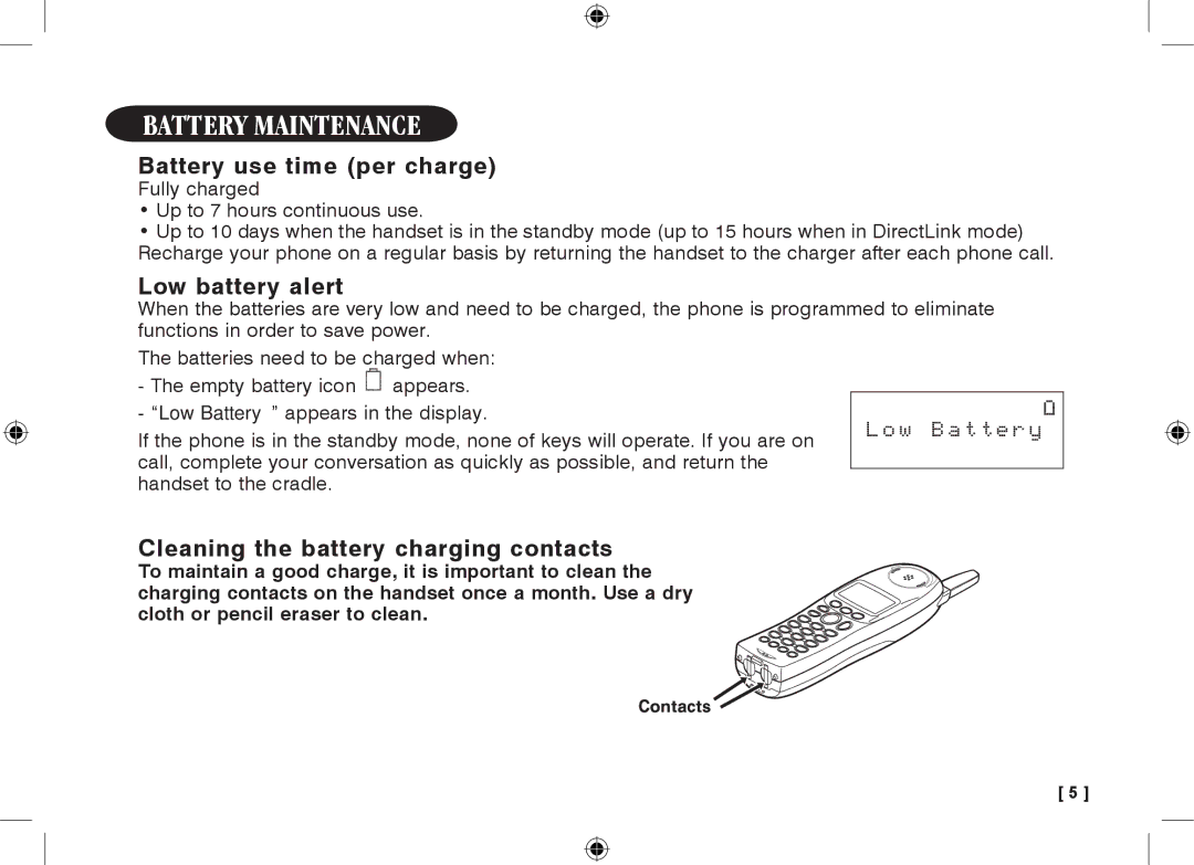 Uniden 3315 Battery maintenance, Battery use time per charge, Low battery alert, Cleaning the battery charging contacts 