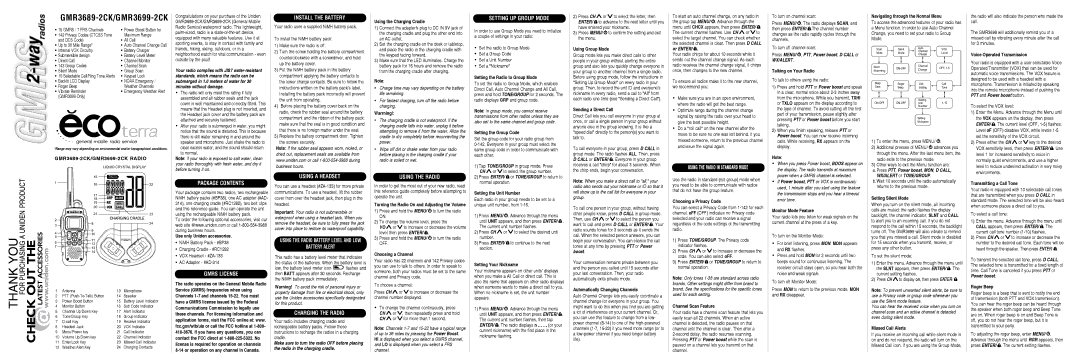 Uniden 3689-2CK specifications Package Contents, Gmrs License Install the Battery, Using a Headset, Battery Alert 