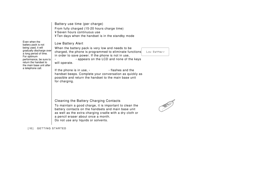 Uniden 388-2 manual Battery use time per charge, Low Battery Alert, Cleaning the Battery Charging Contacts 