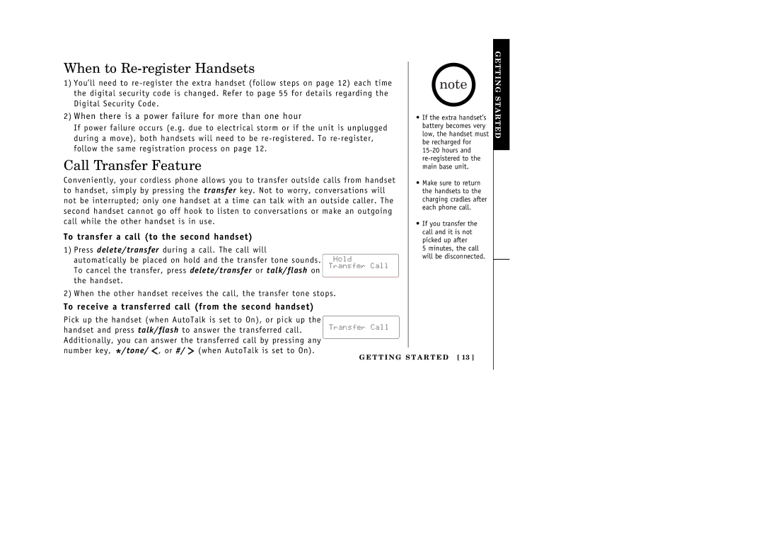 Uniden 388-2 manual When to Re-register Handsets, Call Transfer Feature, To transfer a call to the second handset 