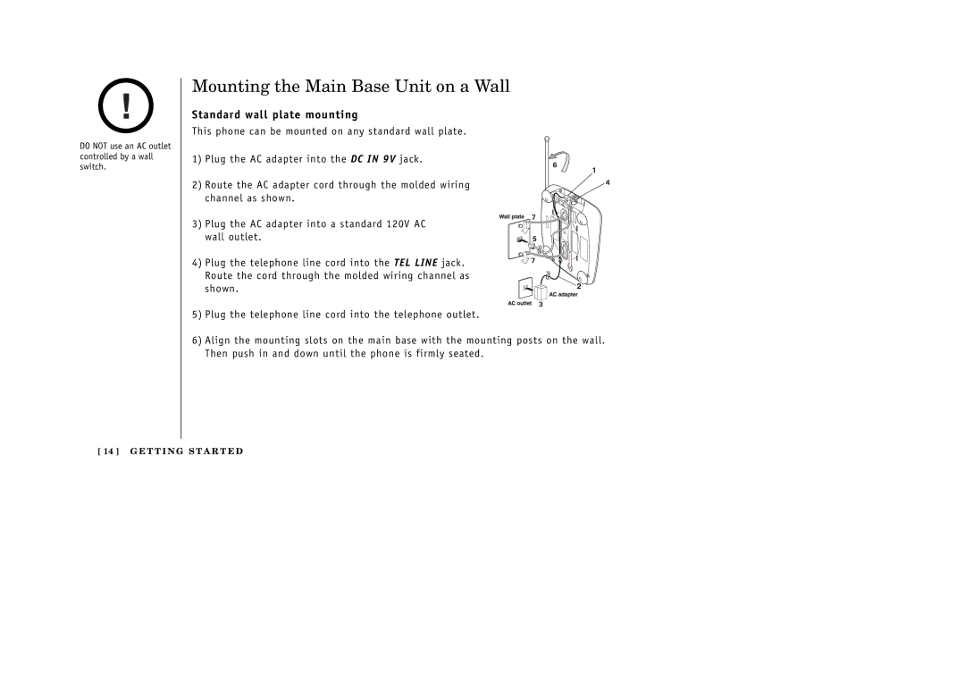 Uniden 388-2 manual Mounting the Main Base Unit on a Wall, Standard wall plate mounting 